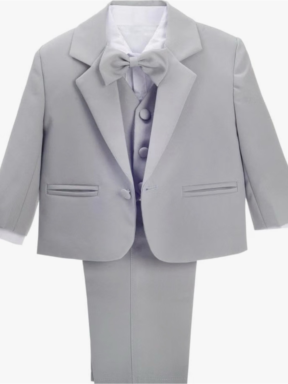 Boys Light Gray Formal Jacket & Vest Set with Bow Tie